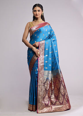 Blue Banarasi Silk Saree With Blouse Piece