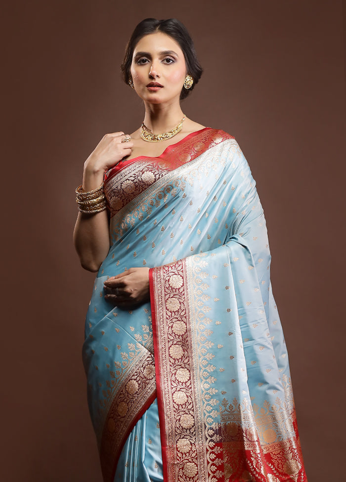 Blue Banarasi Silk Saree With Blouse Piece