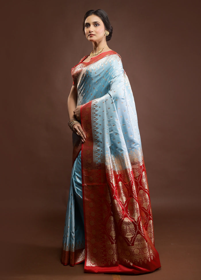 Blue Banarasi Silk Saree With Blouse Piece