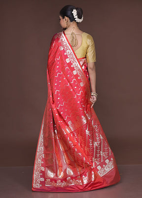 Red Banarasi Silk Saree With Blouse Piece