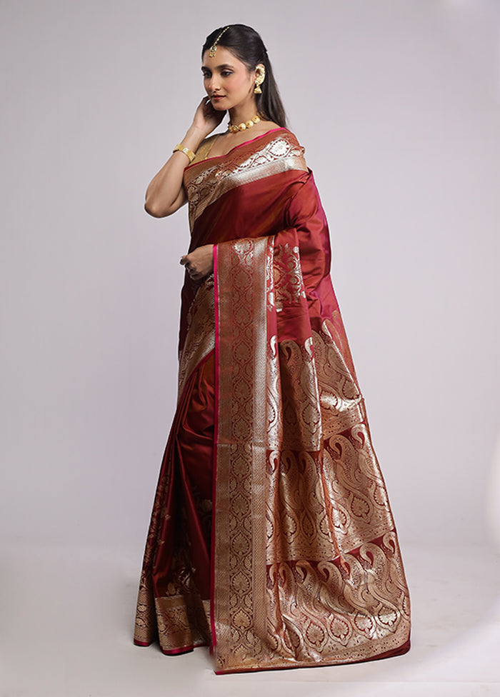 Maroon Banarasi Silk Saree With Blouse Piece