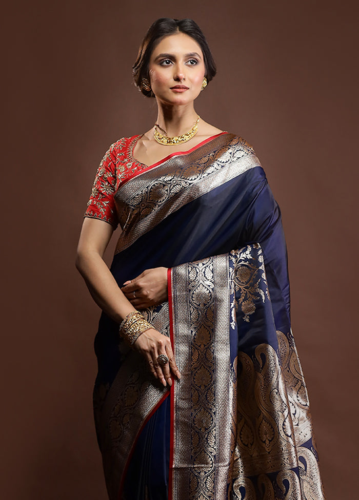 Blue Banarasi Silk Saree With Blouse Piece