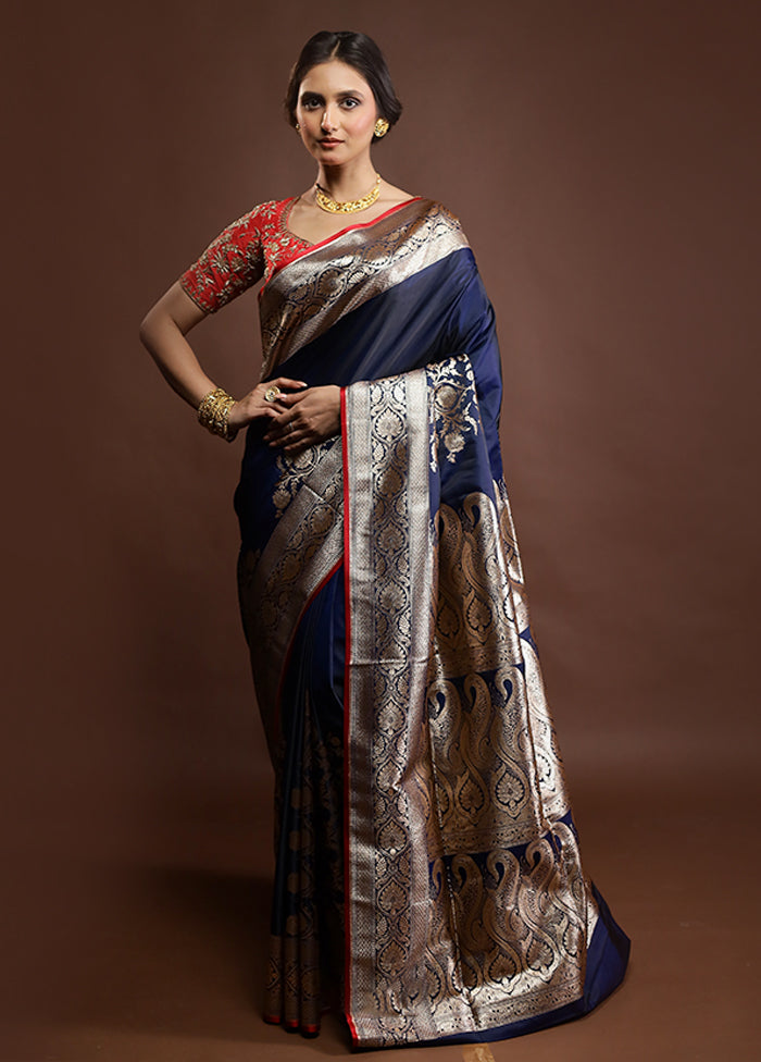 Blue Banarasi Silk Saree With Blouse Piece