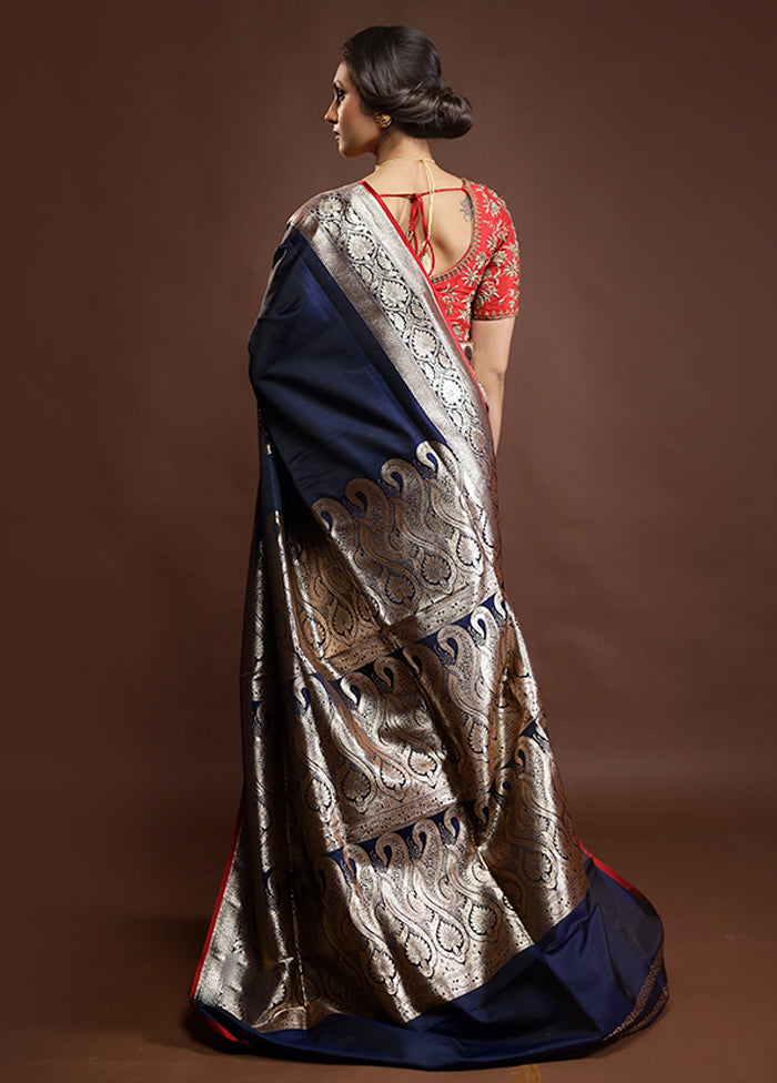 Blue Banarasi Silk Saree With Blouse Piece