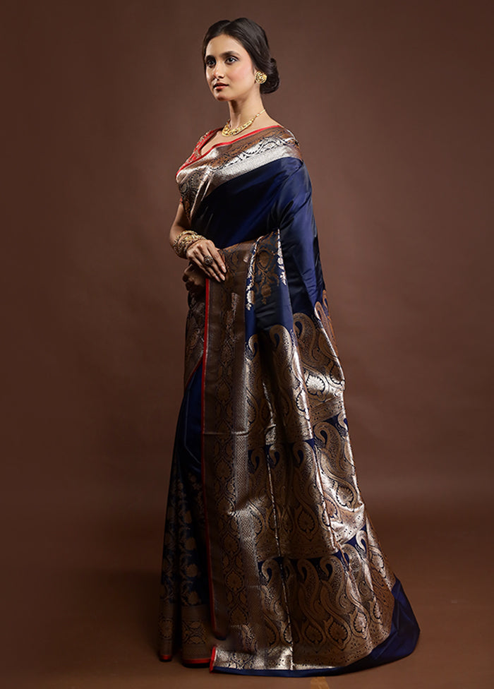Blue Banarasi Silk Saree With Blouse Piece