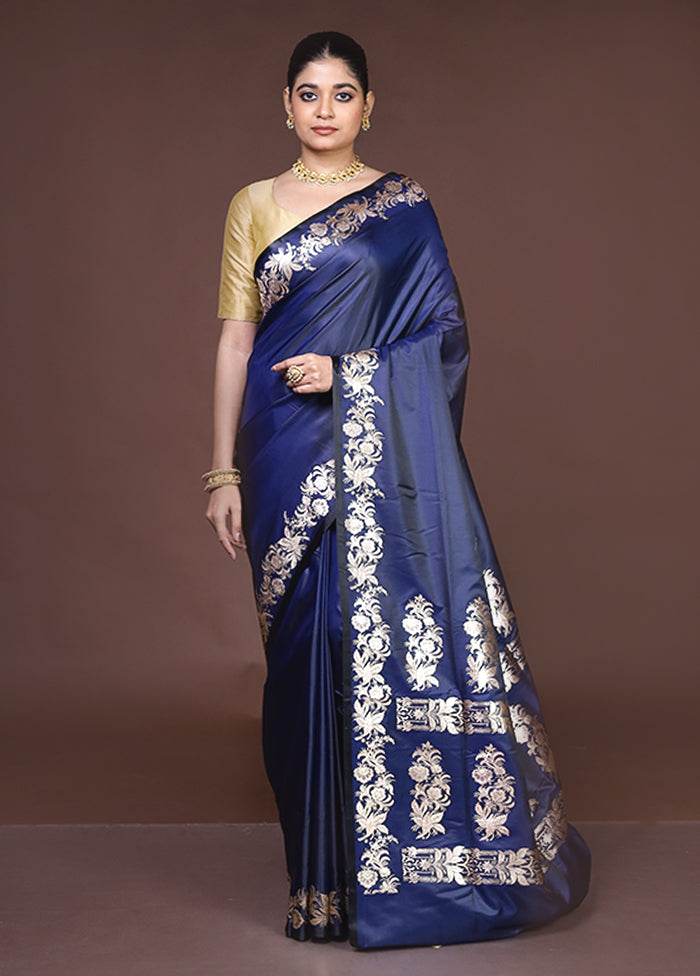 Blue Banarasi Silk Saree With Blouse Piece