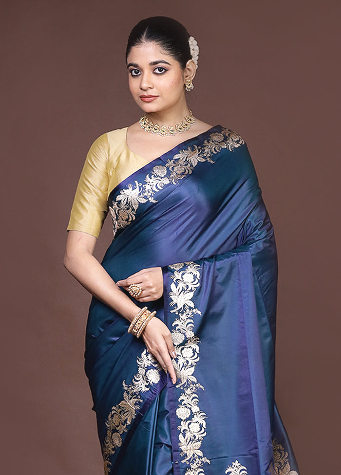 Blue Banarasi Silk Saree With Blouse Piece
