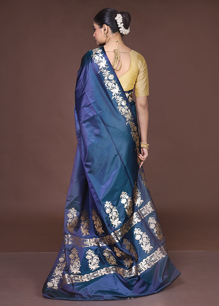 Blue Banarasi Silk Saree With Blouse Piece