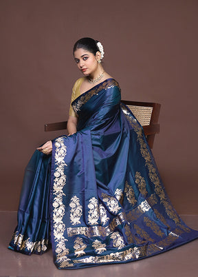 Blue Banarasi Silk Saree With Blouse Piece
