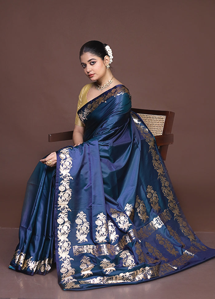 Blue Banarasi Silk Saree With Blouse Piece
