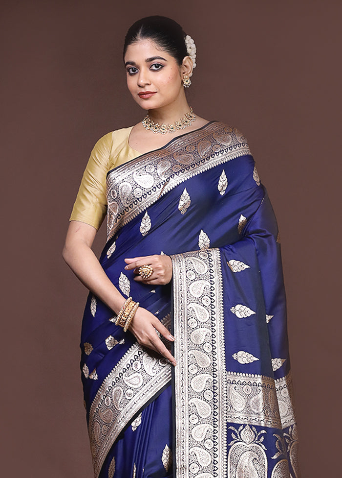 Blue Banarasi Silk Saree With Blouse Piece