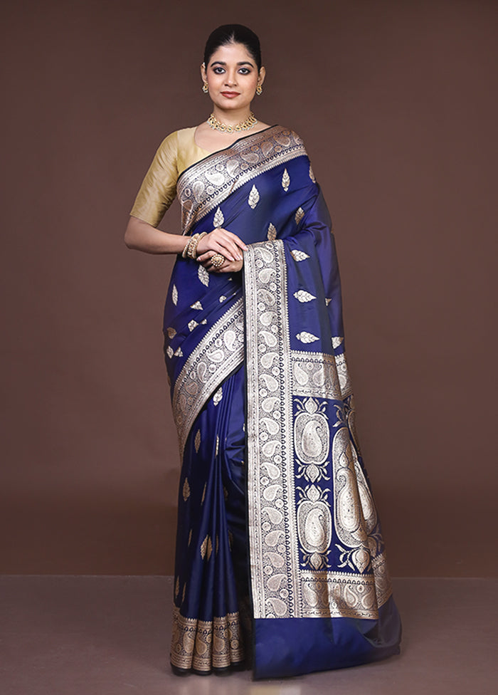 Blue Banarasi Silk Saree With Blouse Piece