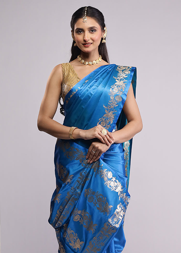 Blue Banarasi Silk Saree With Blouse Piece