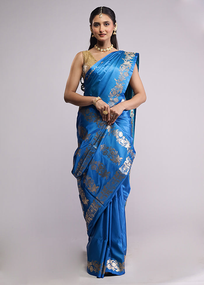 Blue Banarasi Silk Saree With Blouse Piece