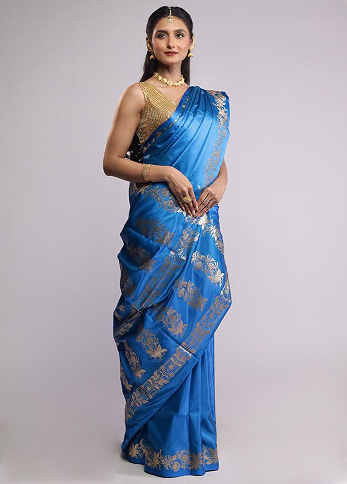 Blue Banarasi Silk Saree With Blouse Piece