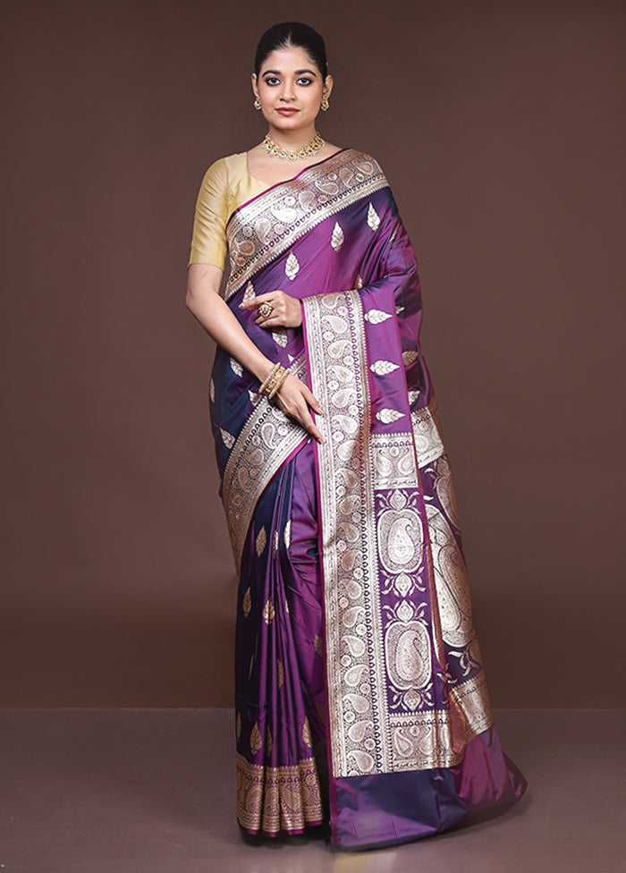Purple Banarasi Silk Saree With Blouse Piece