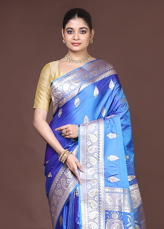 Blue Banarasi Silk Saree With Blouse Piece