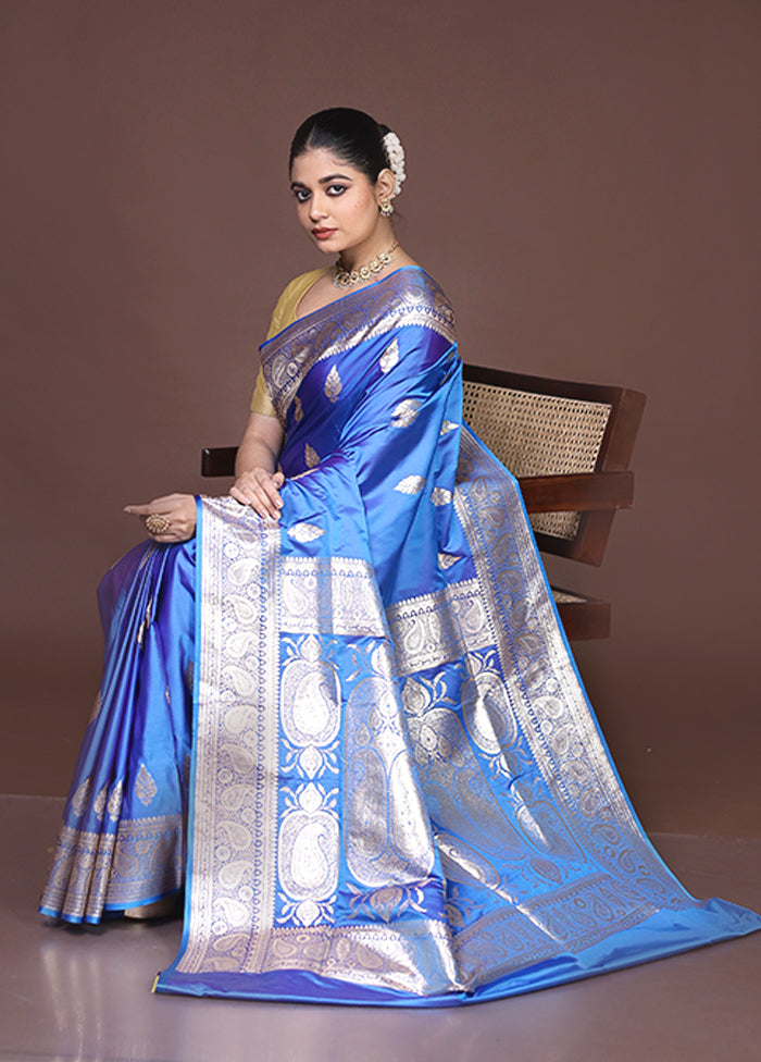 Blue Banarasi Silk Saree With Blouse Piece