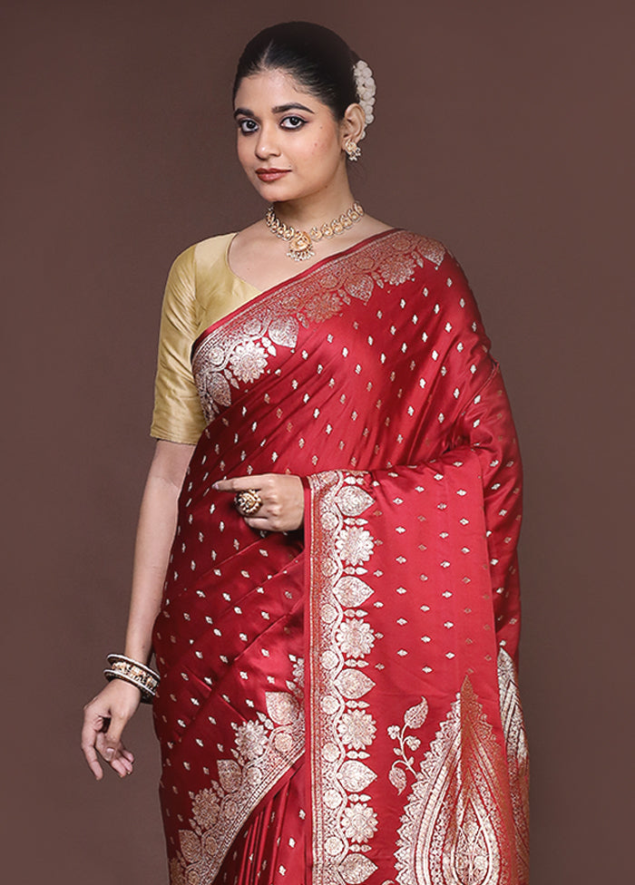 Maroon Banarasi Silk Saree With Blouse Piece