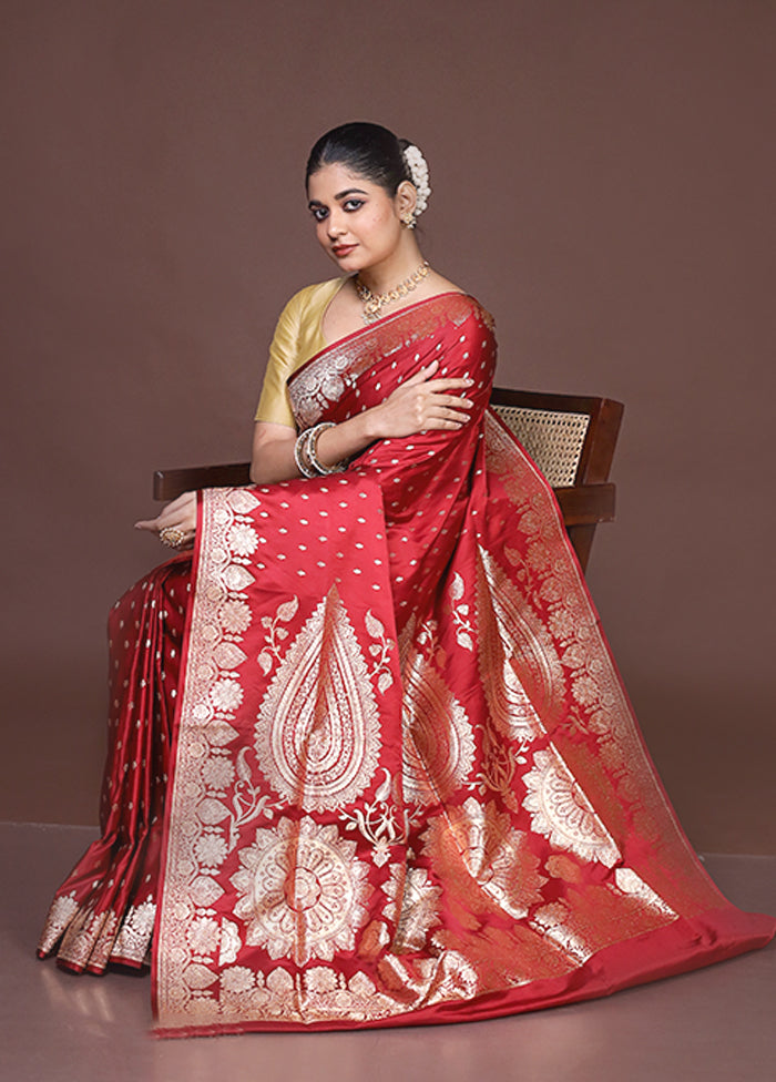 Maroon Banarasi Silk Saree With Blouse Piece
