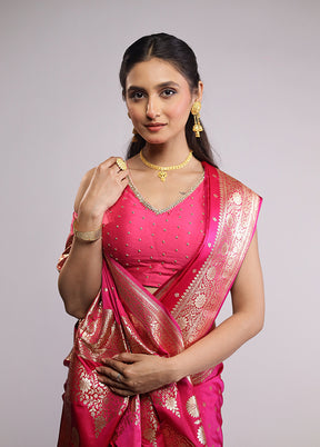 Pink Banarasi Silk Saree With Blouse Piece