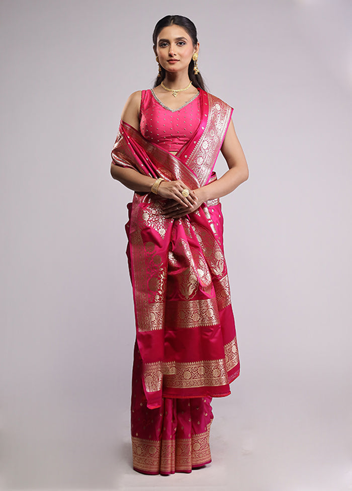 Pink Banarasi Silk Saree With Blouse Piece