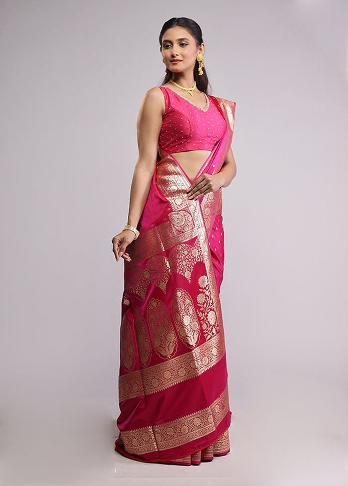 Pink Banarasi Silk Saree With Blouse Piece