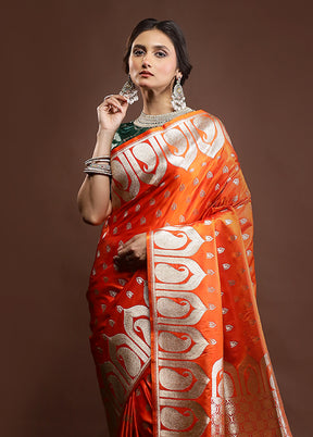 Orange Banarasi Silk Saree With Blouse Piece