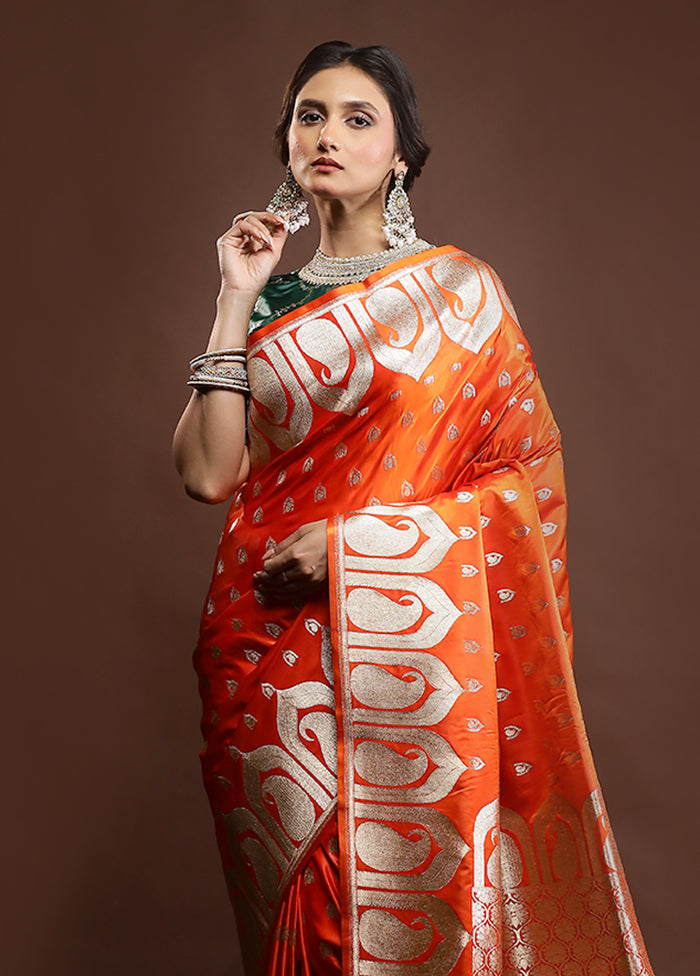 Orange Banarasi Silk Saree With Blouse Piece