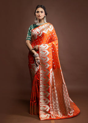 Orange Banarasi Silk Saree With Blouse Piece