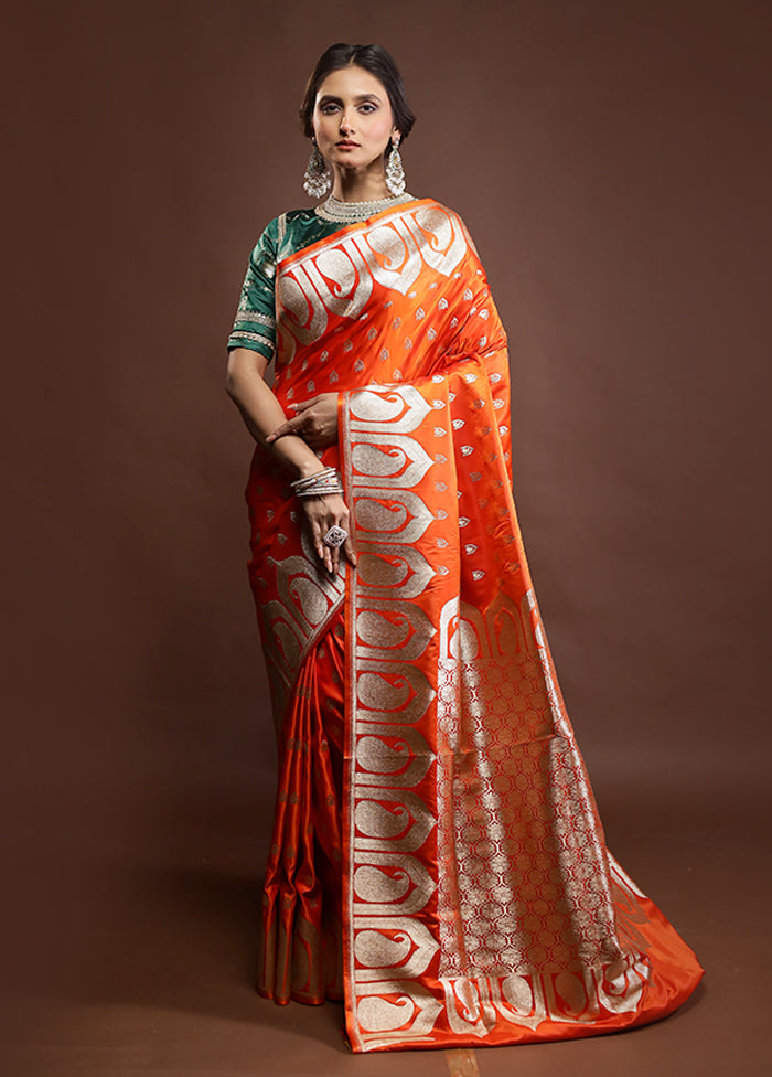 Orange Banarasi Silk Saree With Blouse Piece