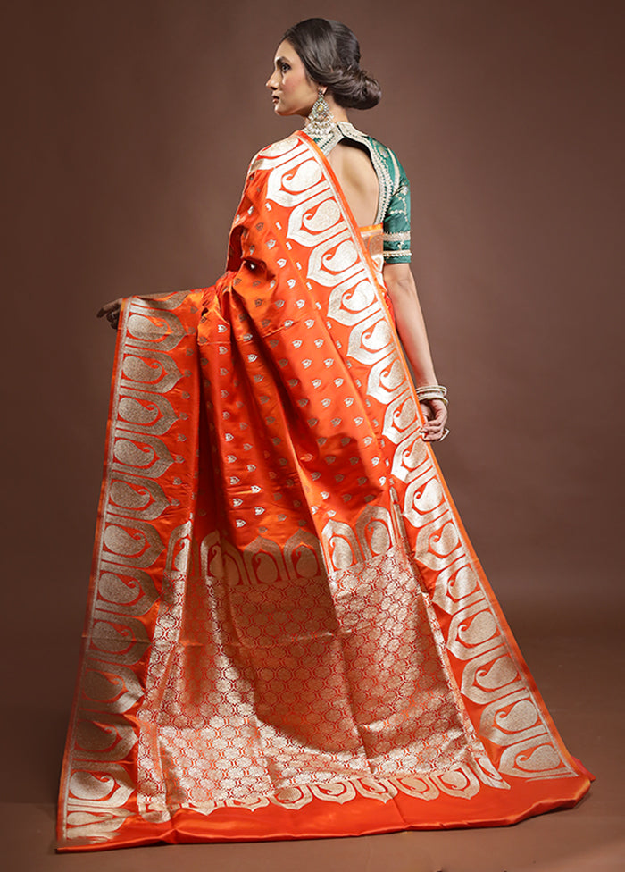 Orange Banarasi Silk Saree With Blouse Piece
