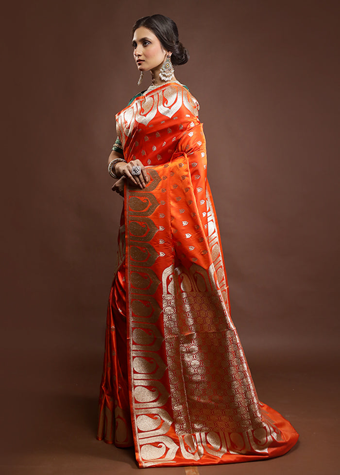 Orange Banarasi Silk Saree With Blouse Piece