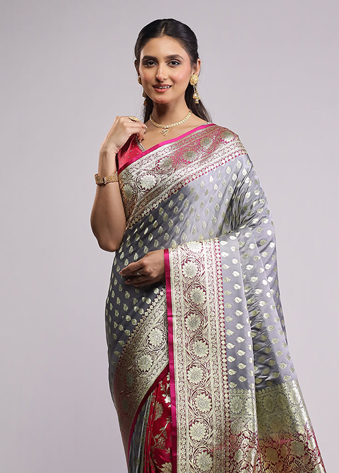 Grey Banarasi Silk Saree With Blouse Piece