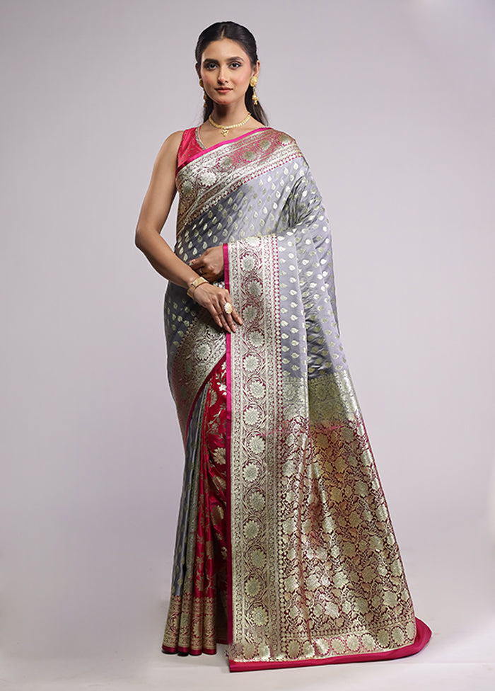 Grey Banarasi Silk Saree With Blouse Piece