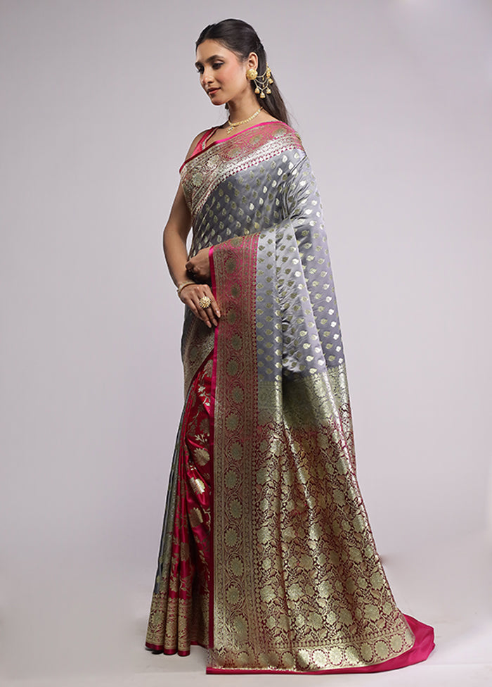 Grey Banarasi Silk Saree With Blouse Piece