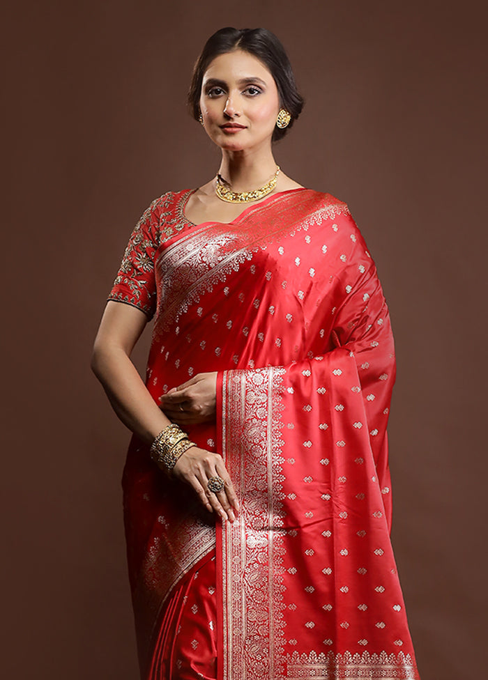 Red Banarasi Silk Saree With Blouse Piece