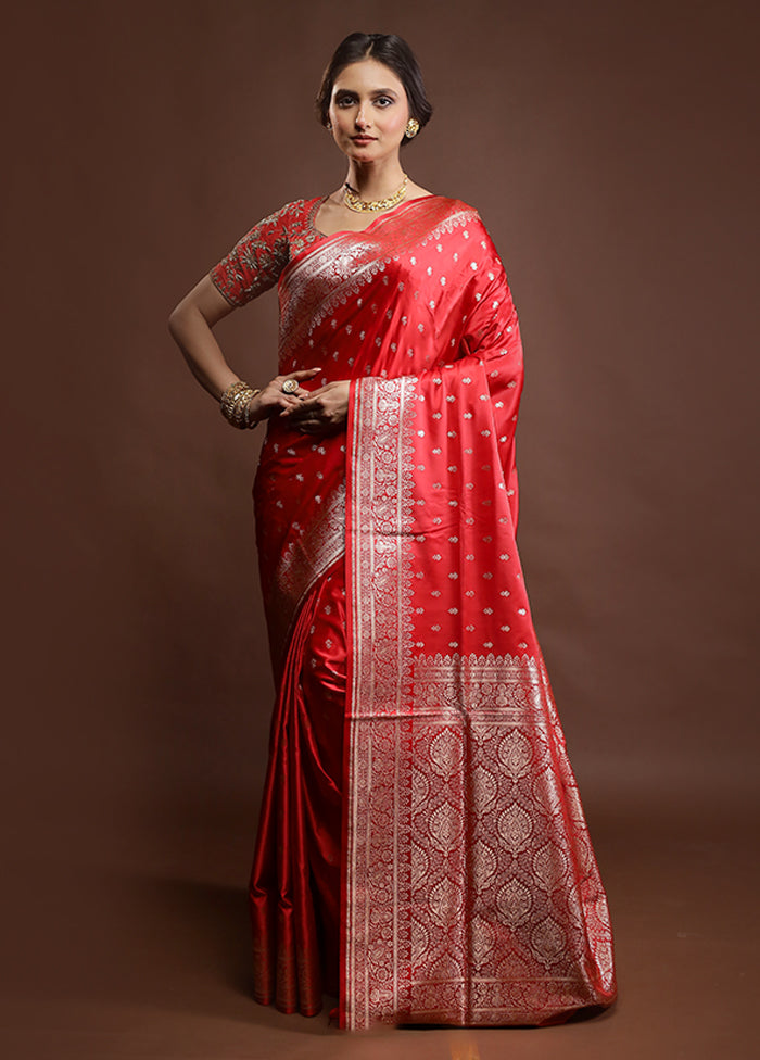 Red Banarasi Silk Saree With Blouse Piece