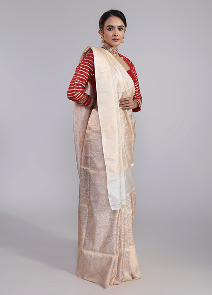 Cream Handloom Katan Pure Silk Saree With Blouse Piece
