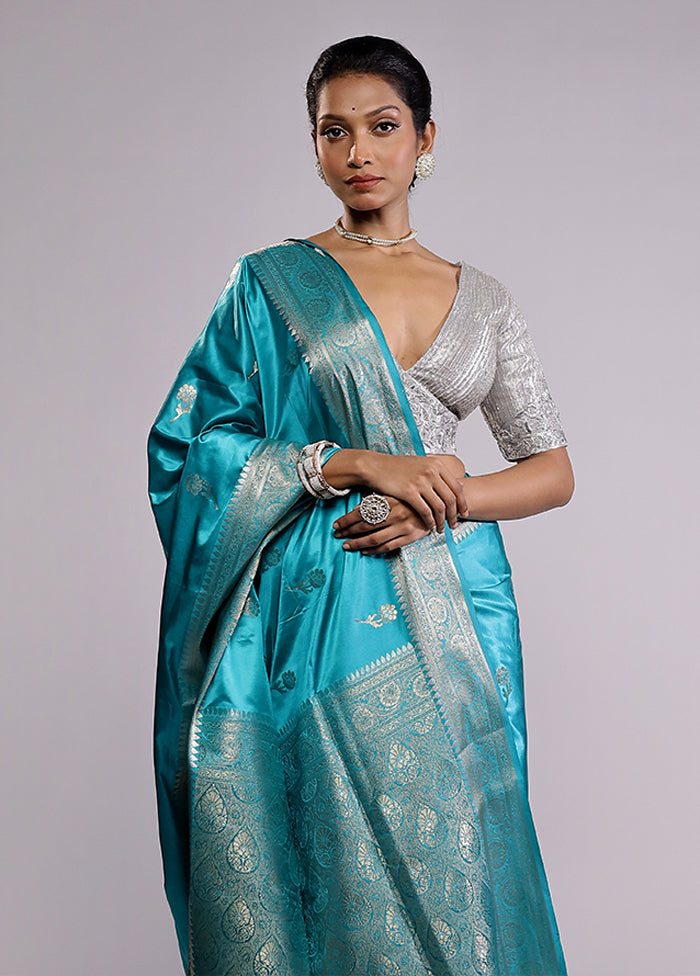 Blue Dupion Silk Saree With Blouse Piece