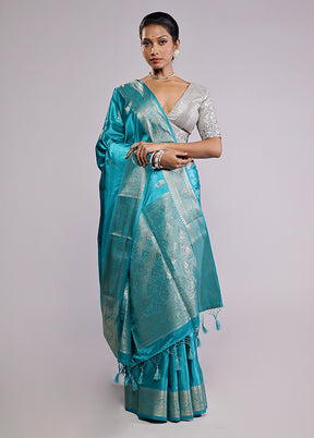 Blue Dupion Silk Saree With Blouse Piece
