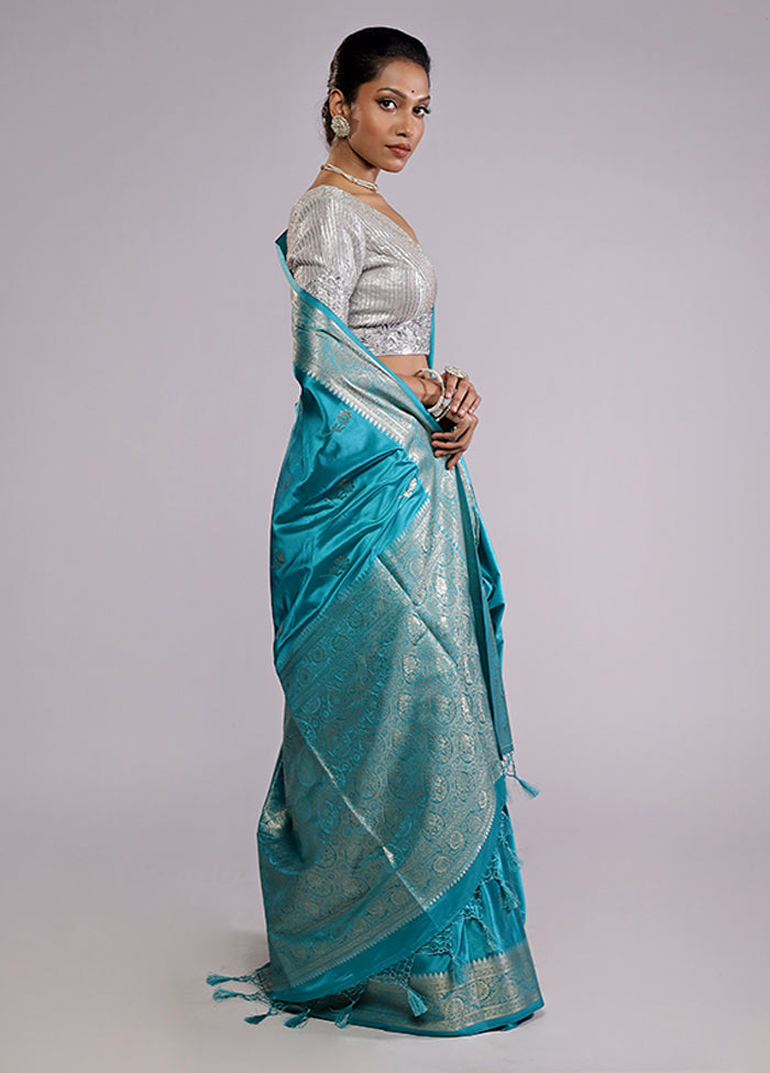 Blue Dupion Silk Saree With Blouse Piece