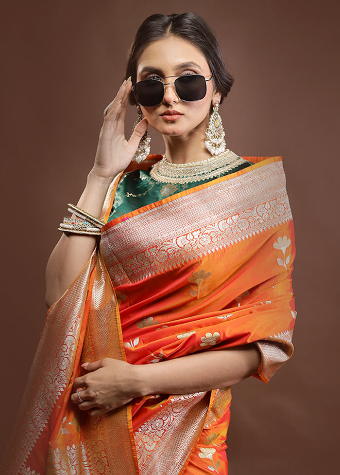 Orange Katan Silk Saree With Blouse Piece