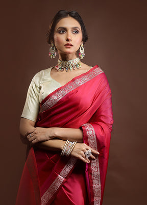 Pink Banarasi Silk Saree With Blouse Piece