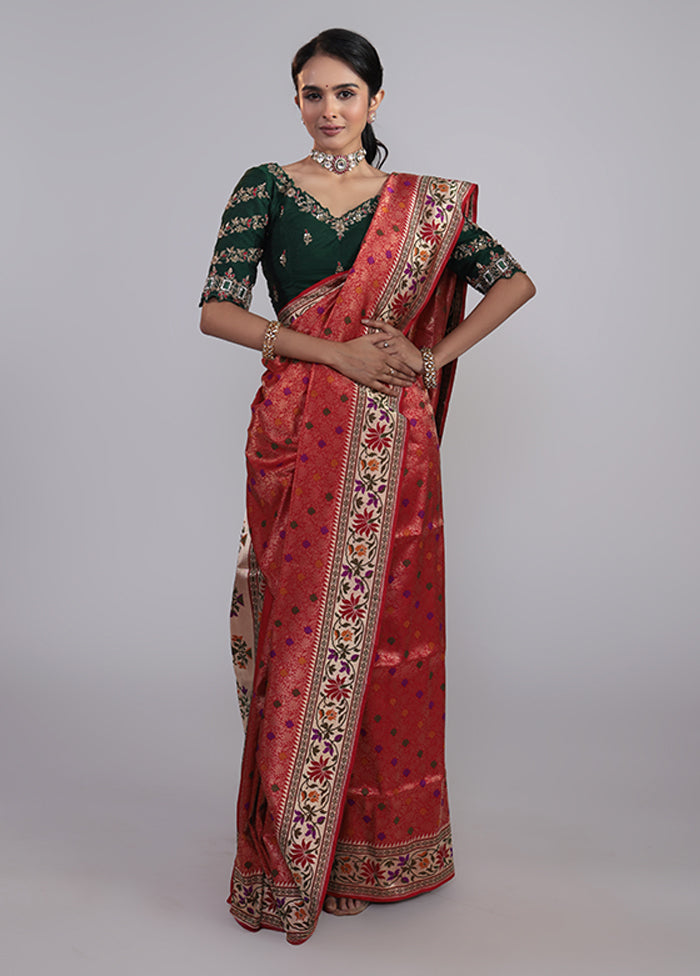Red Handloom Katan Pure Silk Saree With Blouse Piece