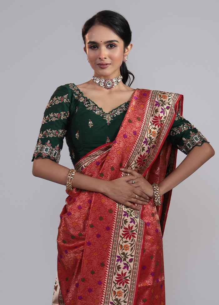 Red Handloom Katan Pure Silk Saree With Blouse Piece