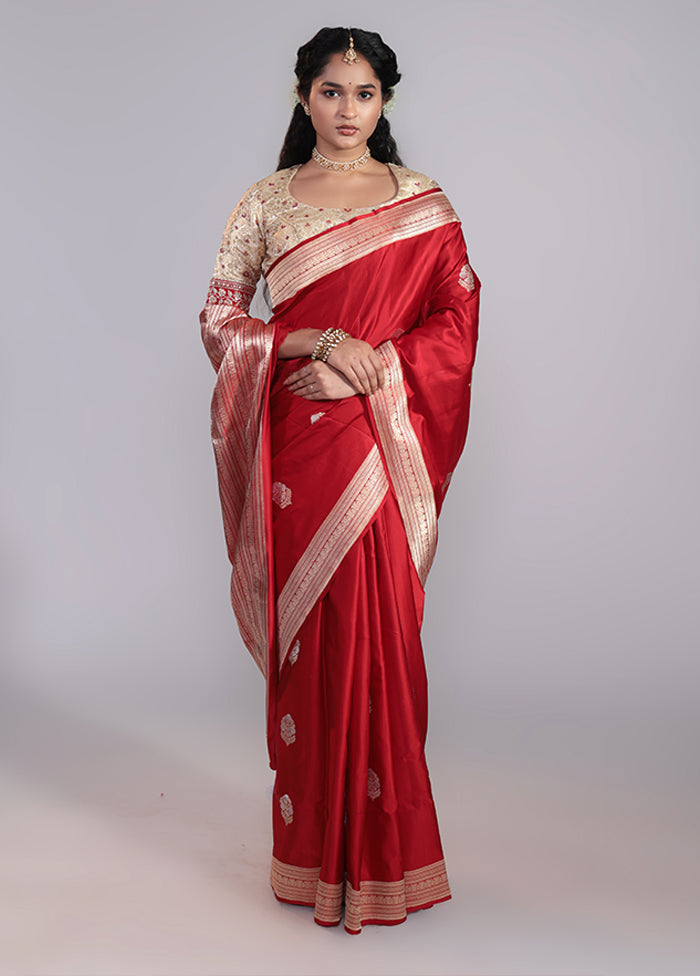 Red Handloom Katan Pure Silk Saree With Blouse Piece