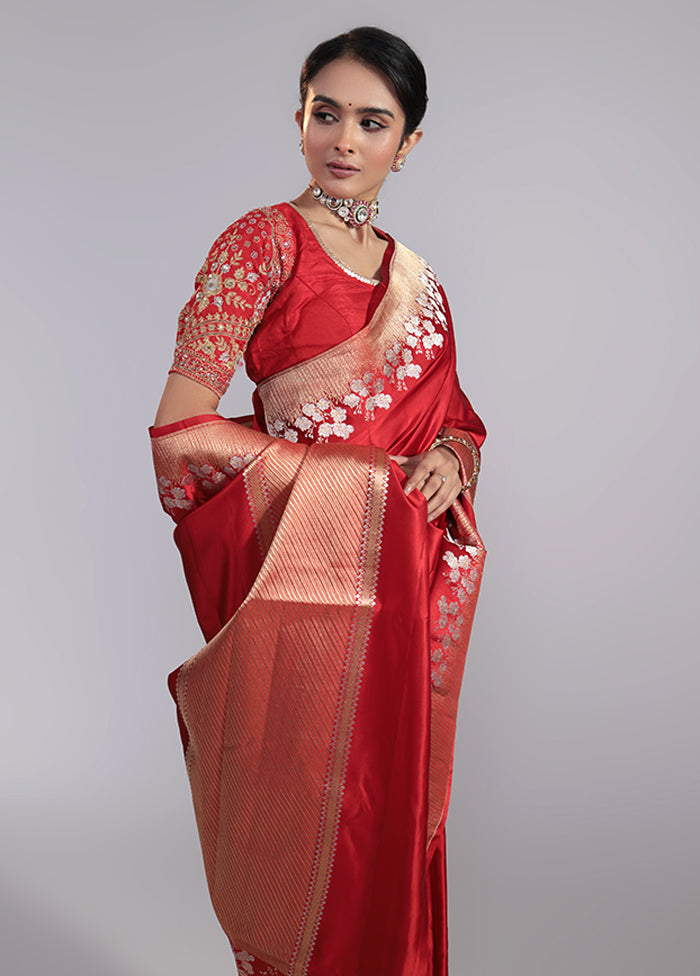 Maroon Handloom Katan Pure Silk Saree With Blouse Piece