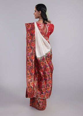 White Handloom Katan Pure Silk Saree With Blouse Piece