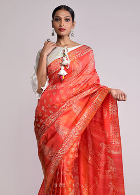 Orange Printed Pure Silk Saree Without Blouse Piece